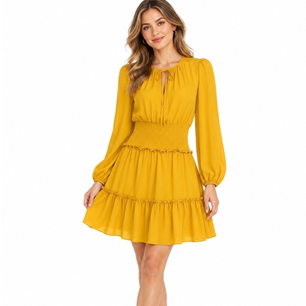 BCBGMaxAzria Mustard Yellow Smocked Waist Ruffle Mini Dress Long Sleeve | XS